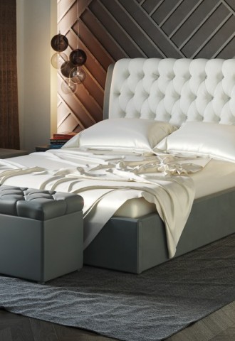 Кровать двуспальная с кожаным изголовьем (65 фото)