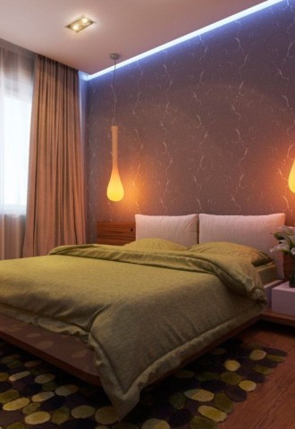 Идеи освещения в спальне на натяжном потолке (73 фото)