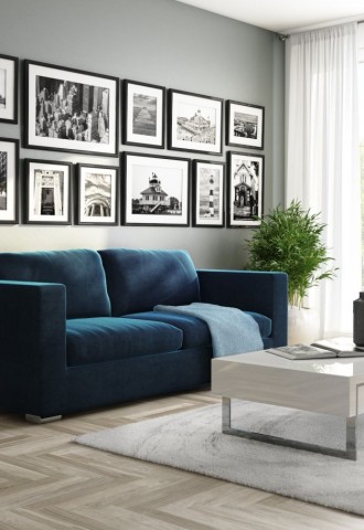 Серые стены и синий диван в интерьере (58 фото)