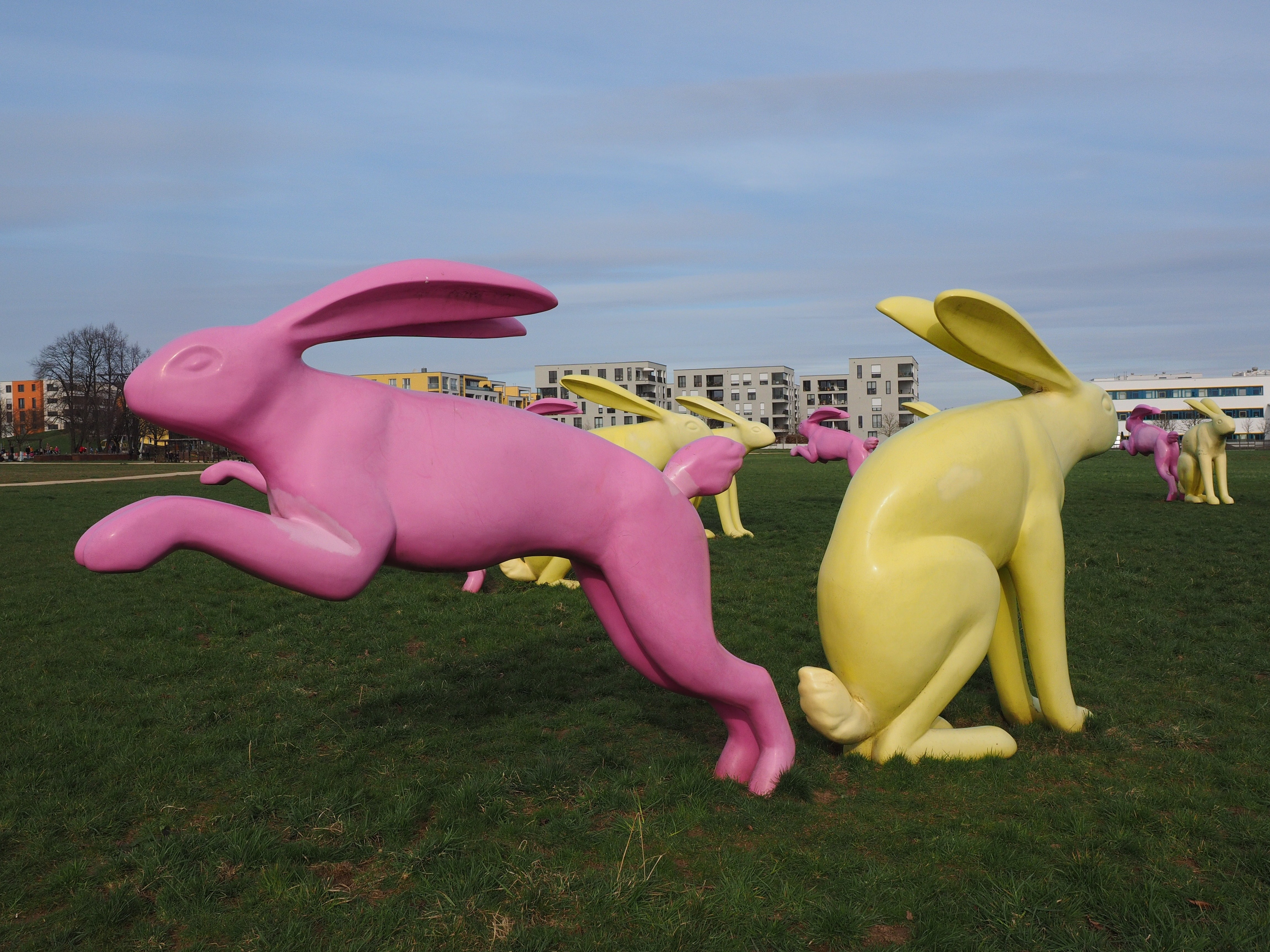 Желтые розовые зайцы игра. Кролик арт объект. Арт объект заяц. Розовый и желтый заяц. Розовый и желтый кролик.