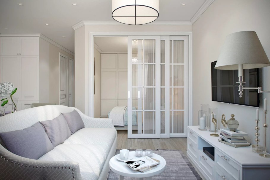 Интерьер зала в серых тонах