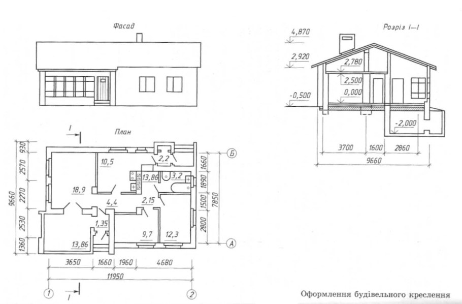 План фасад разрез одноэтажного дома