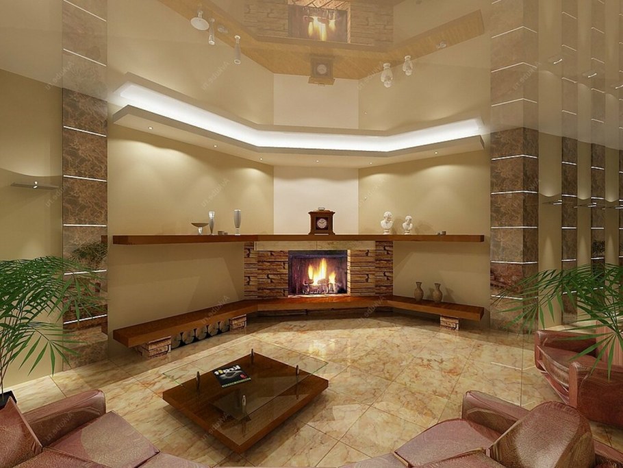 Потолок в зале с камином