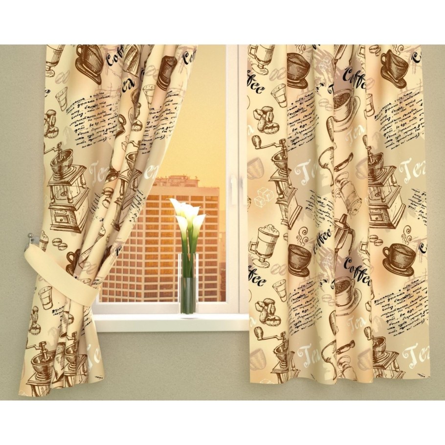Фотошторы кухонные «кофейный набор», размер 145 х 160 см - 2 шт., габардин