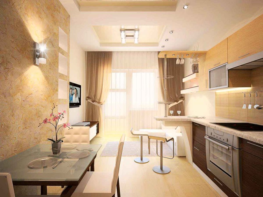 Кухня гостинная 18 кв. м прямоугольная