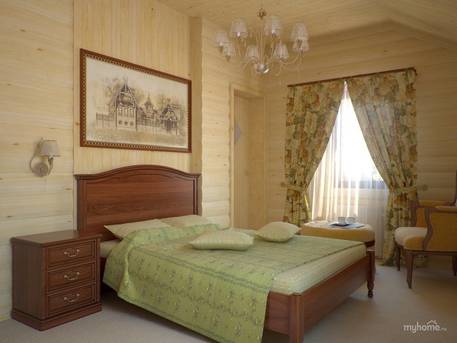 Фисташковые шторы для спальни в деревянном доме