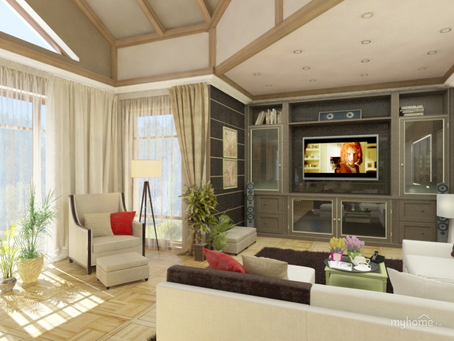 Интерьер гостиной в коттедже