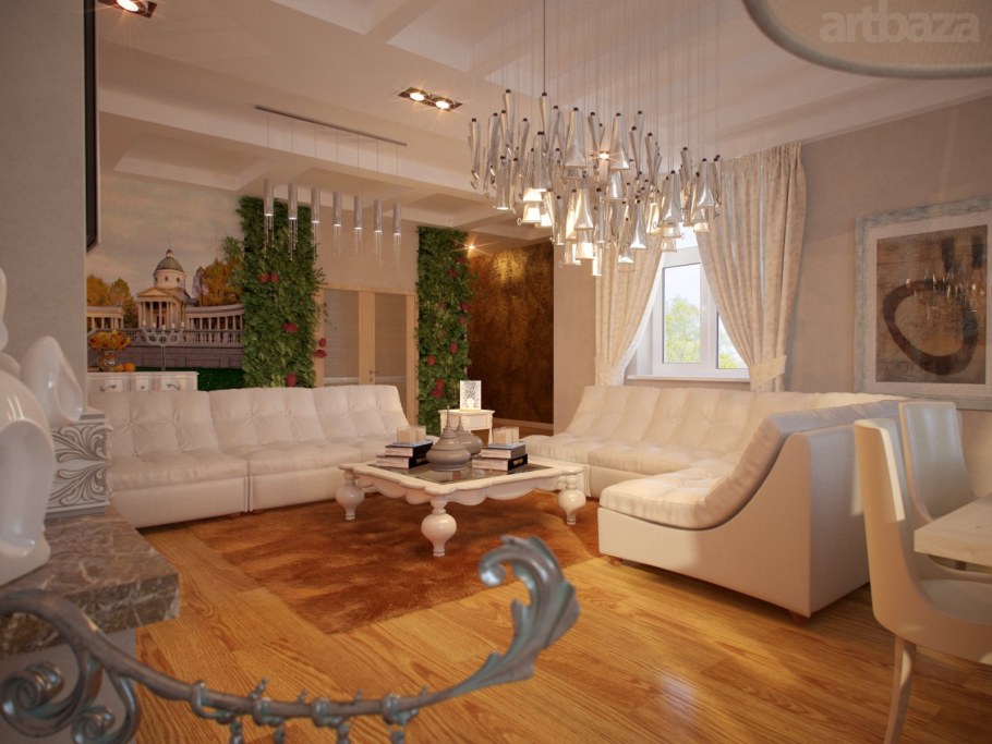 Интерьер гостиной в коттедже