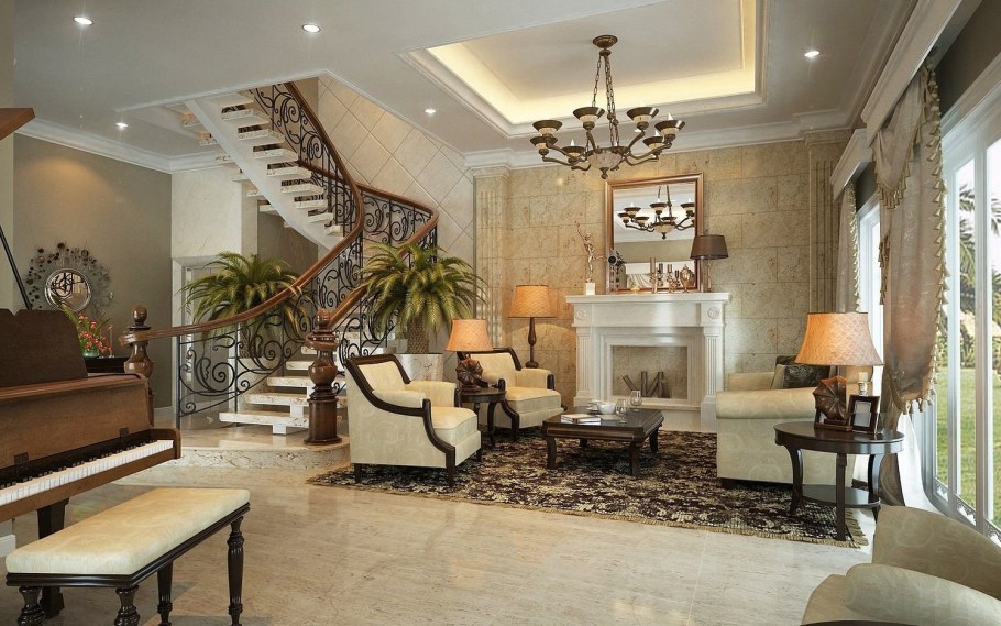 Гостиная с лестницей и камином