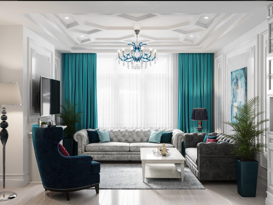 Гостиная в серо бирюзовых тонах