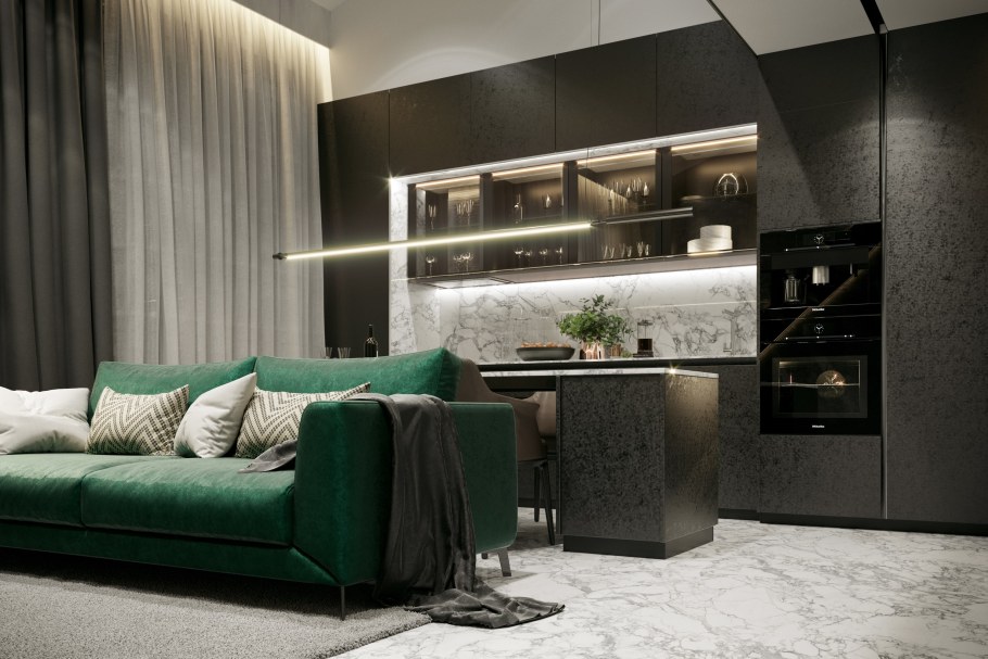 Изумрудный диван в интерьере