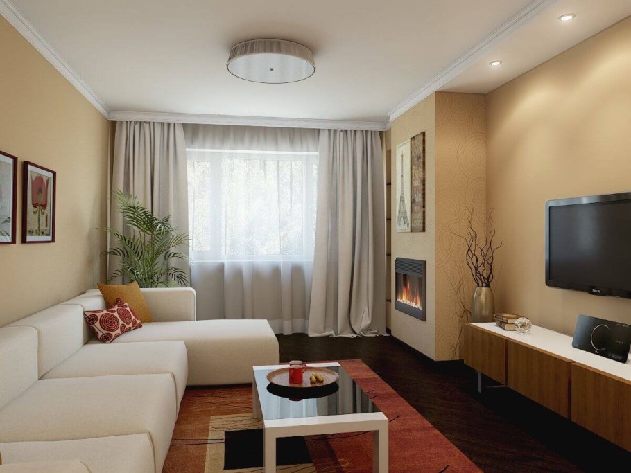 Интерьер узкой гостиной с угловым диваном