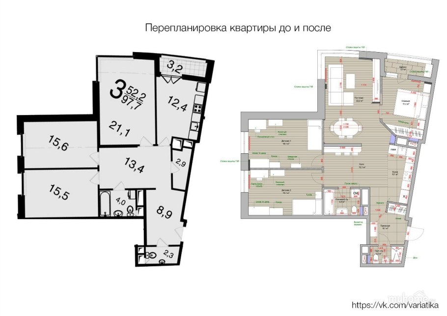 Перепланировка двухкомнатной квартиры 44 кв.м