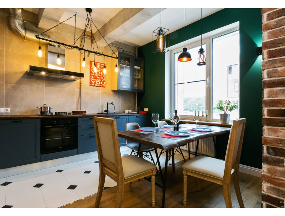 Зеленая кухня в стиле лофт