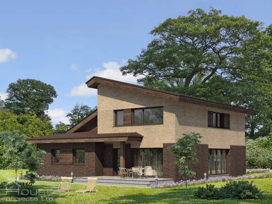 Одноэтажный дом с разноуровневой двускатной крышей