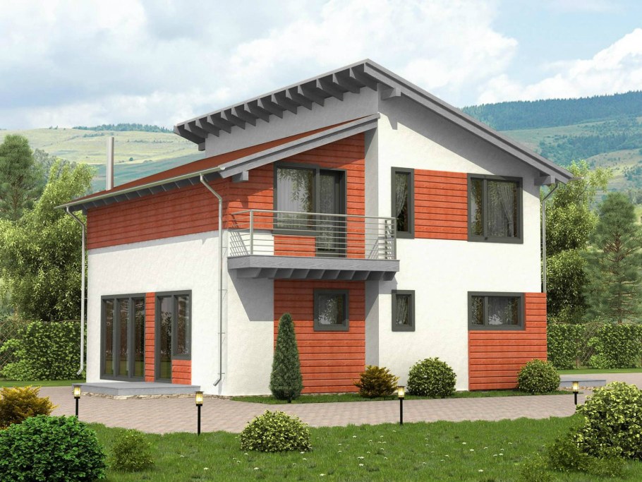 Двухэтажный дом с разноуровневой крышей