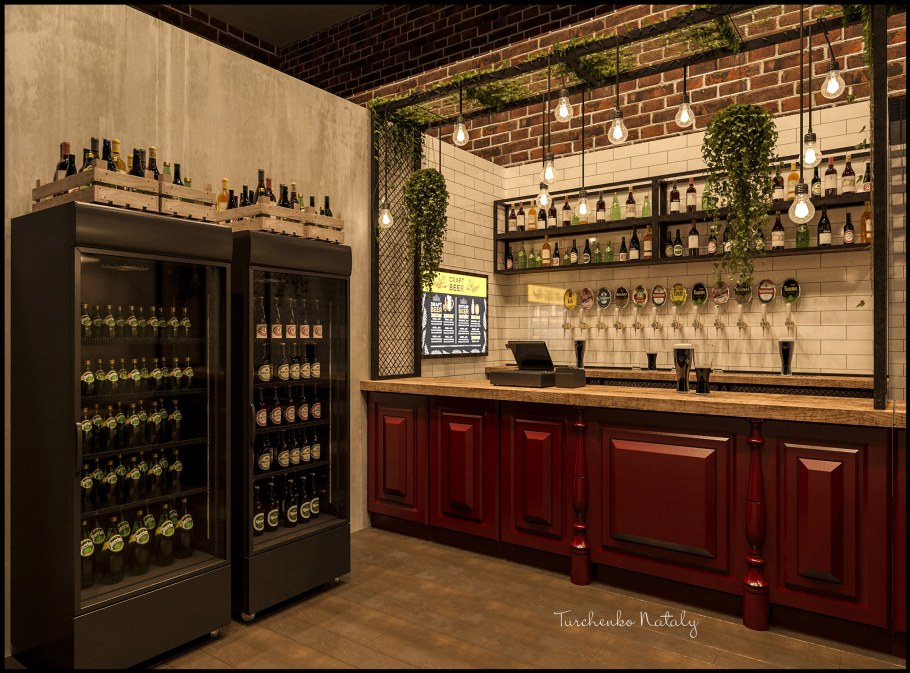 Интерьер магазина разливного пива в стиле лофт