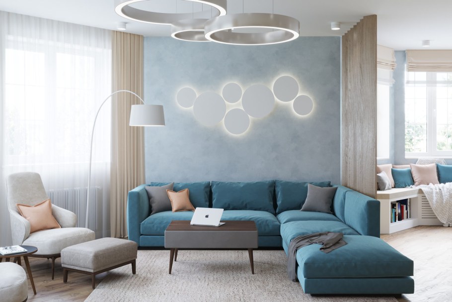 Бирюзовый диван в интерьере серой гостиной
