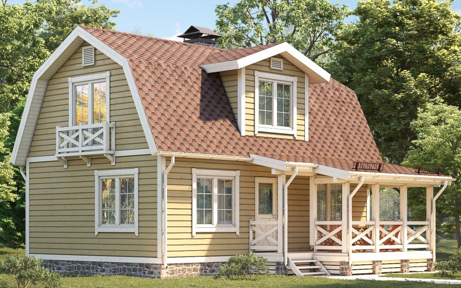 Баня с ломаной крышей и мансардой и террасой