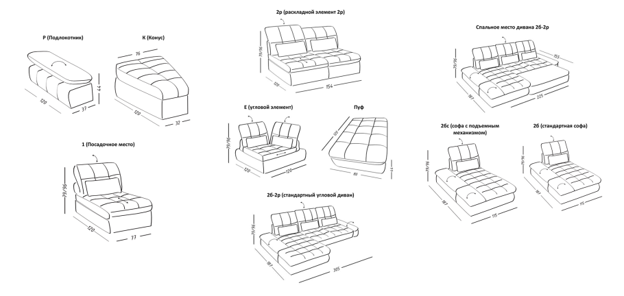Схема дивана вид спереди с размерами