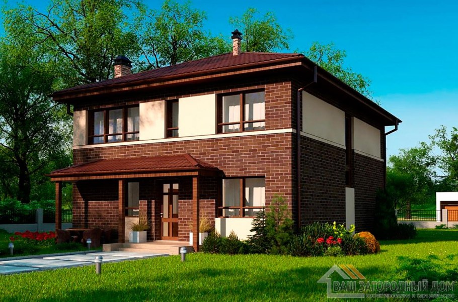 Фасад двухэтажного дома из кирпича