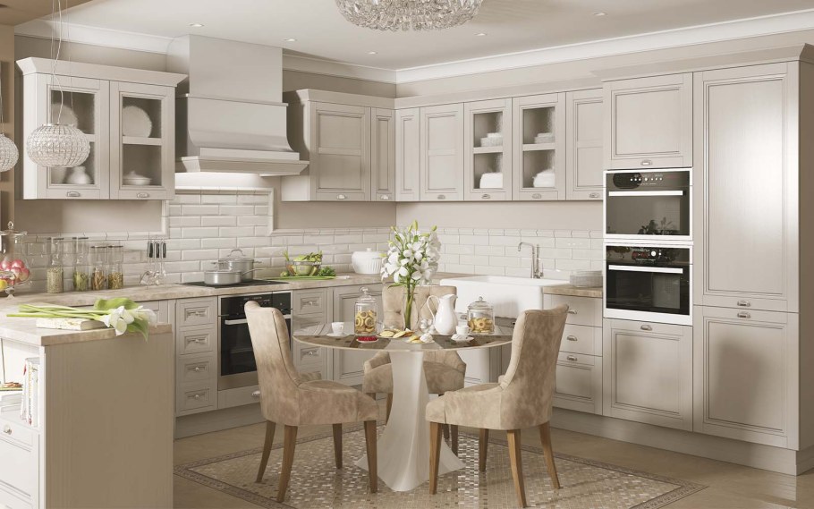 Кухонный гарнитур в классическом стиле светлых тонов