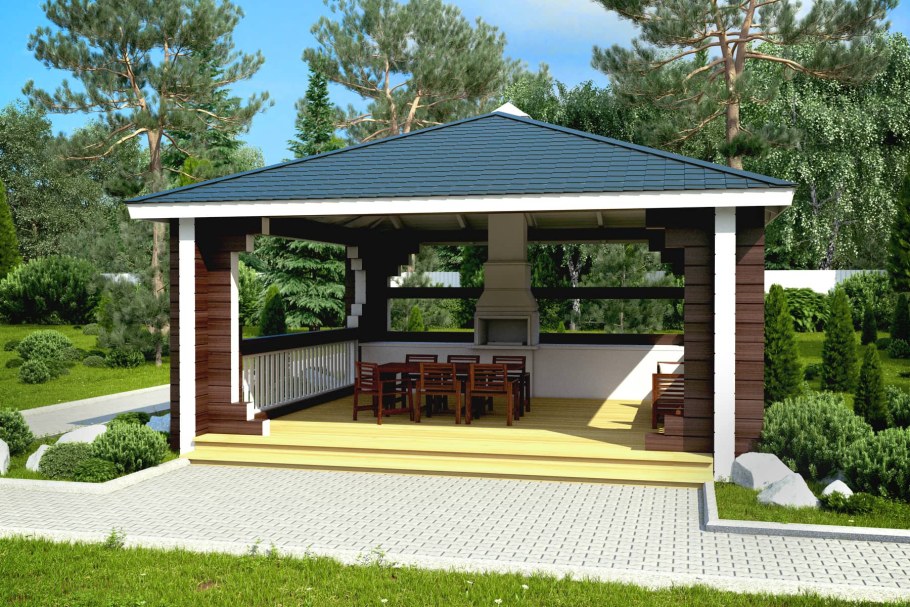 Беседка 3х4 с четырехскатной крышей с мангалом