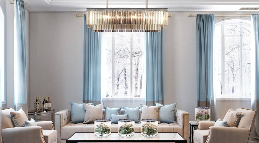 Голубые шторы в бежевом интерьере