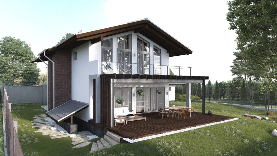 Дом с мансардой и террасой односкатной крышей