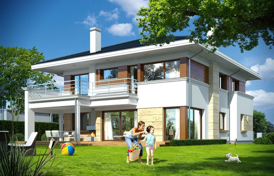 Двухэтажный дом с террасой и гаражом современный