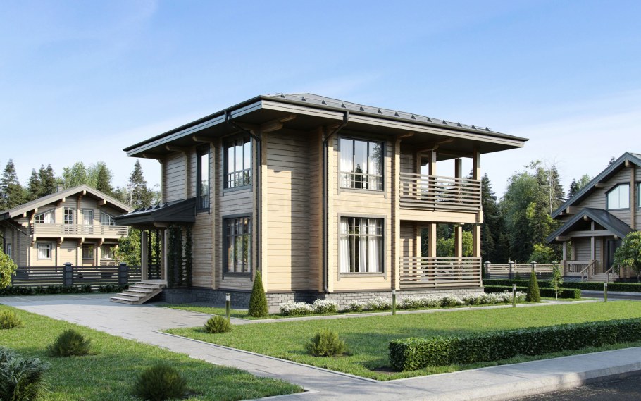 Двухэтажный дом с четырпх катроф крышей