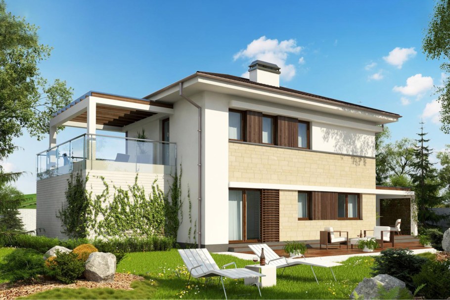 Дом с мансардой и террасой с панорамными окнами