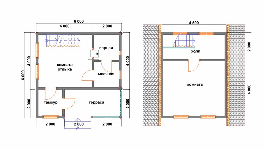 Планировка бани 6х6 Одноэтажная