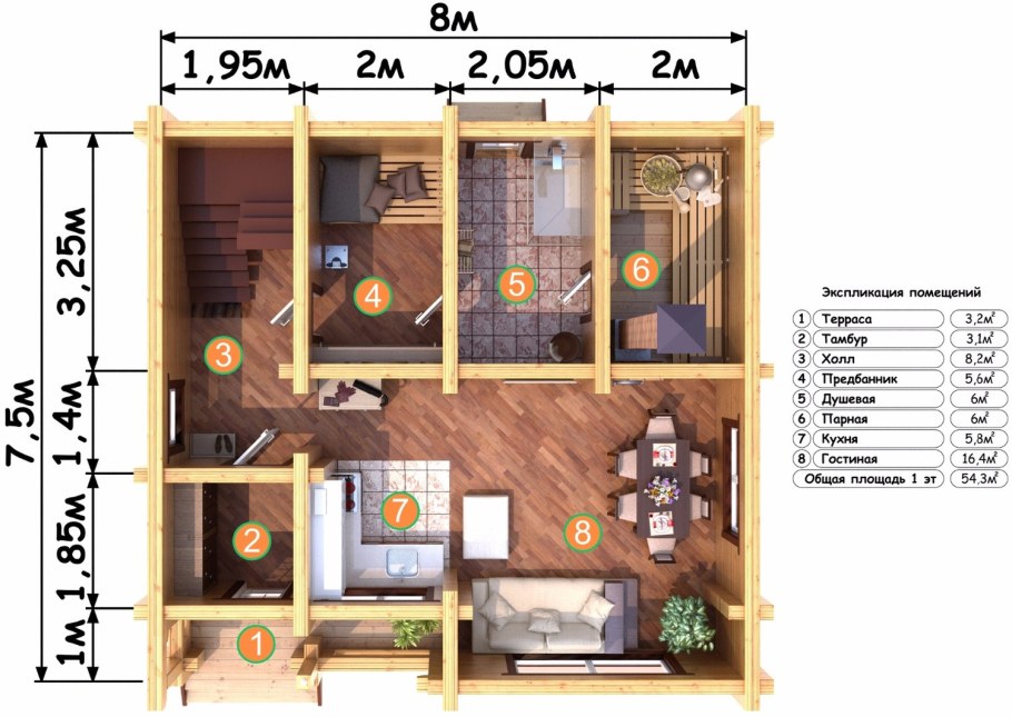 Домик с балконом и террасой