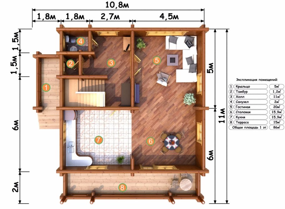 Угловая баня с мансардой и террасой