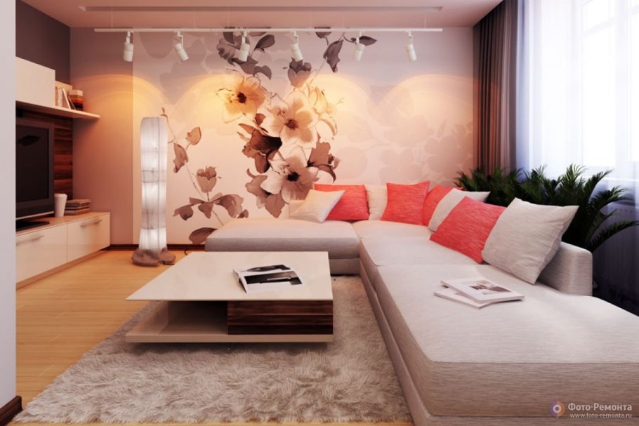 Гостиная комната в современном стиле в светлых тонах