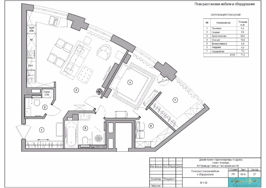 План расстановки мебели и оборудования с экспликацией