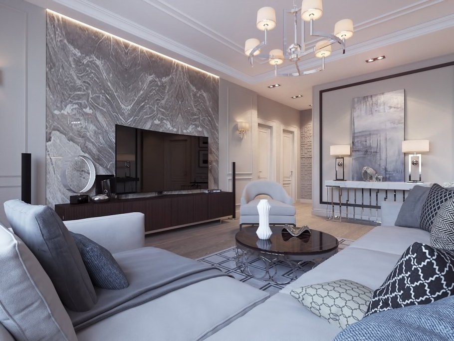 Мрамор в интерьере гостиной квартиры