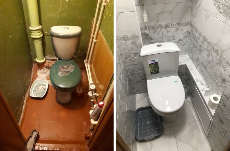 Отделка туалета до и после