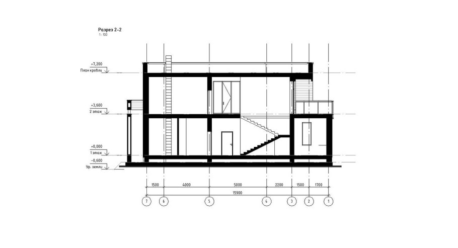 Разрез дома с мансардой двускатной крышей чертеж