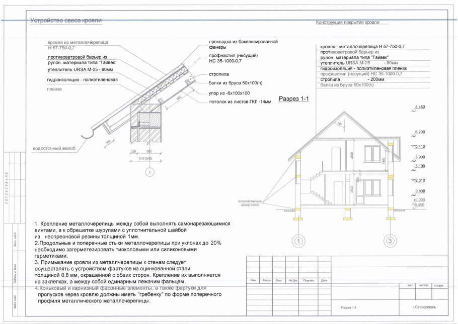 Карнизный свес фальцевой кровли чертеж