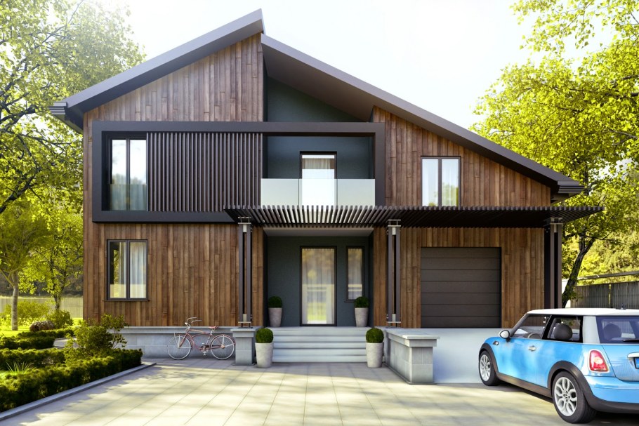 Дом с односкатной крышей и террасой и гаражом