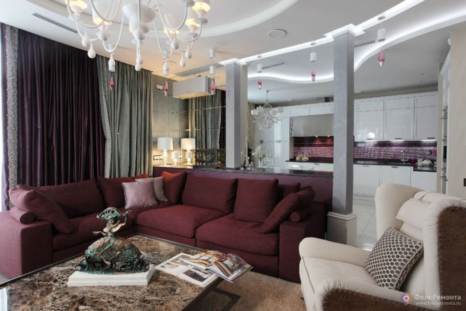 Кухня гостиная с колонной