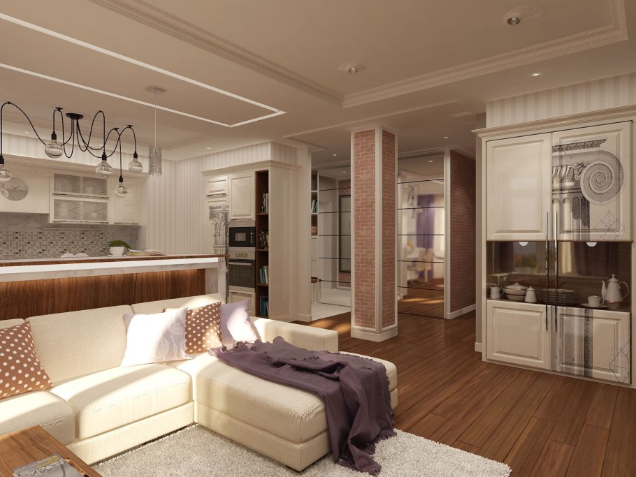 Кухня гостиная с колонной в центре