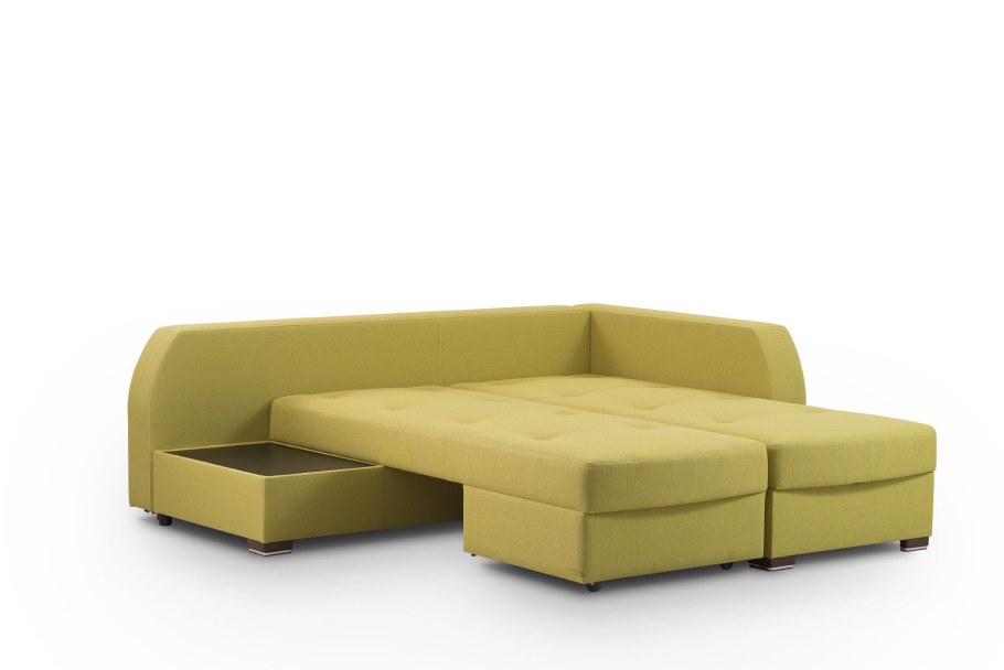 Желтый угловой диван с пуговицами