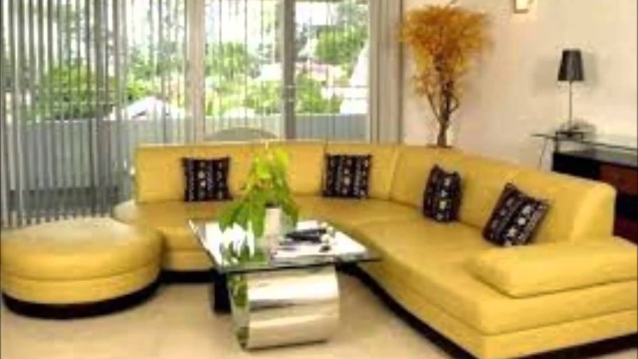 Желтый кожаный диван в интерьере