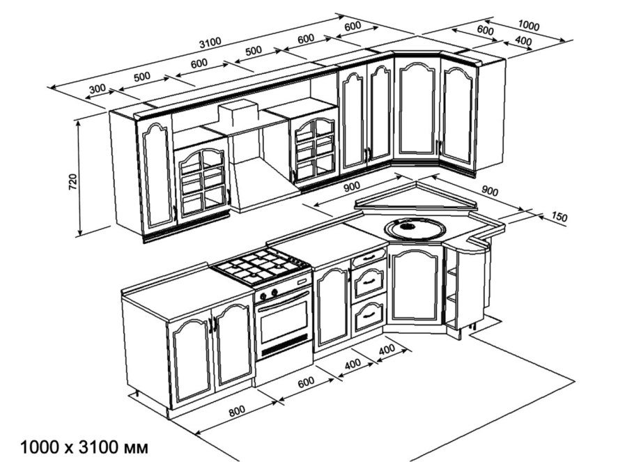 Кухня высота 2600 чертеж шкафов