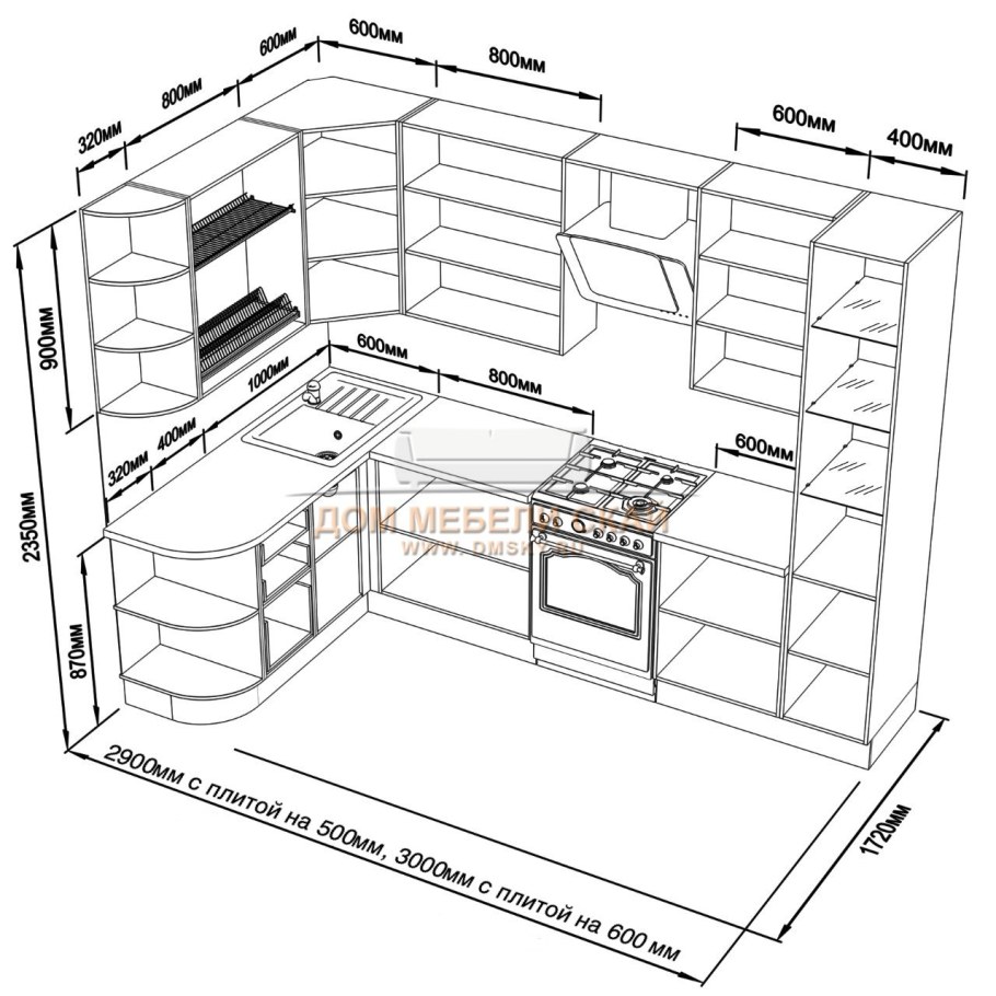 Нижний угловой модуль для кухни чертеж