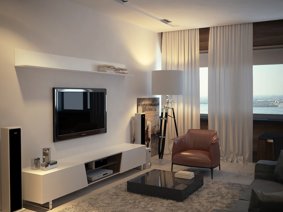 Гостиная с полками из гипсокартона