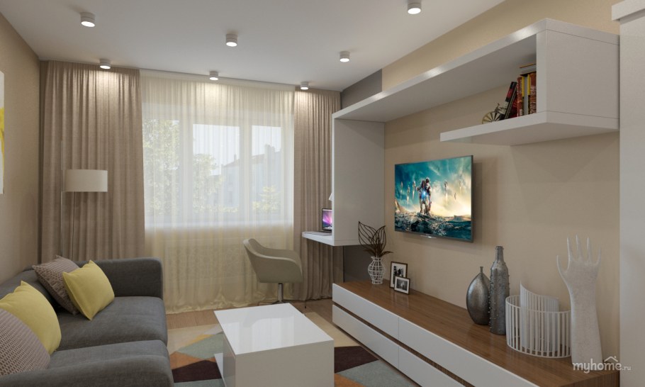 Интерьер узкой гостиной